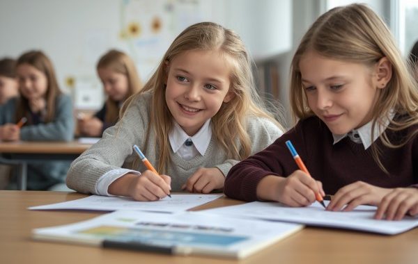 dzieci-w-szkole Dzieci pracujące nad projektem w szkole, Są uśmiechnięte i gotowe do pracy.